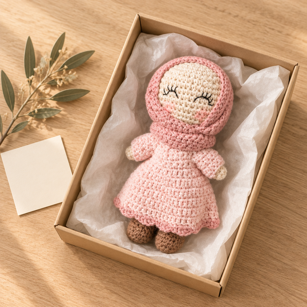 Petite Sara dans une boîte cadeau kraft avec papier de soie