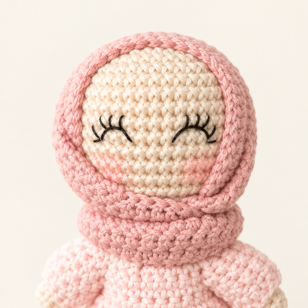 Gros plan sur le visage brodé et le hijab en crochet de Petite Sara