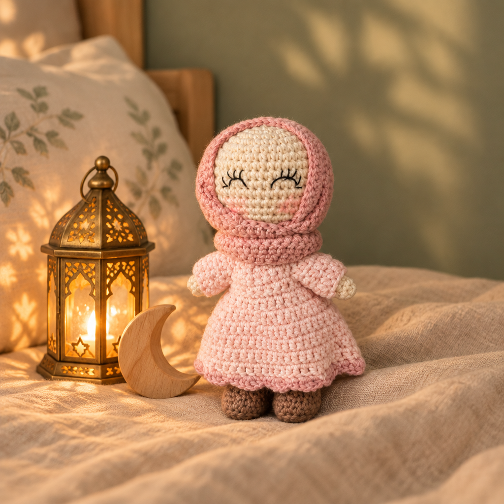 Petite Sara sur un lit d'enfant, à côté d'une lanterne, ambiance de Ramadan