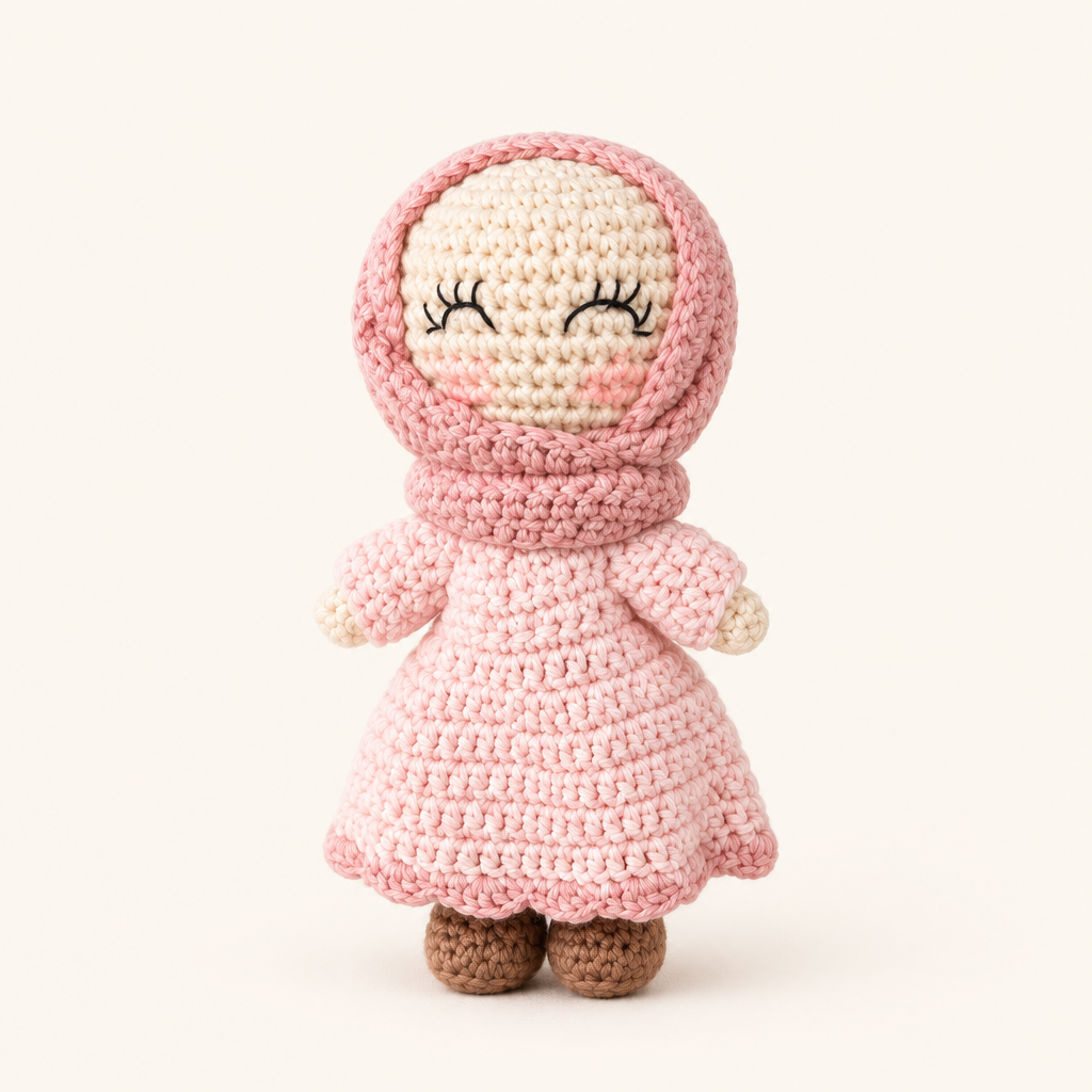 Petite Sara, poupée au crochet 15 cm, hijab rose poudré, vue de face sur fond crème