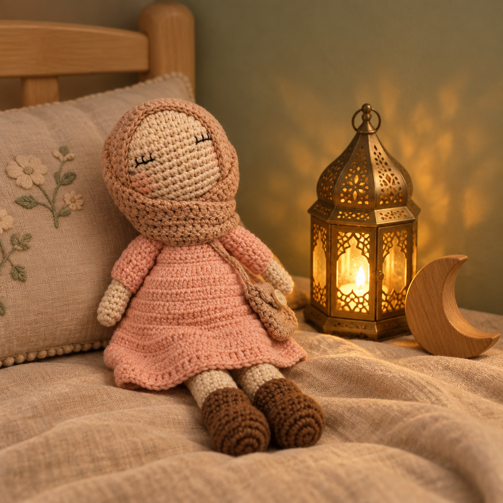 Amina lavande sur un lit d'enfant à côté d'une lanterne, ambiance de Ramadan