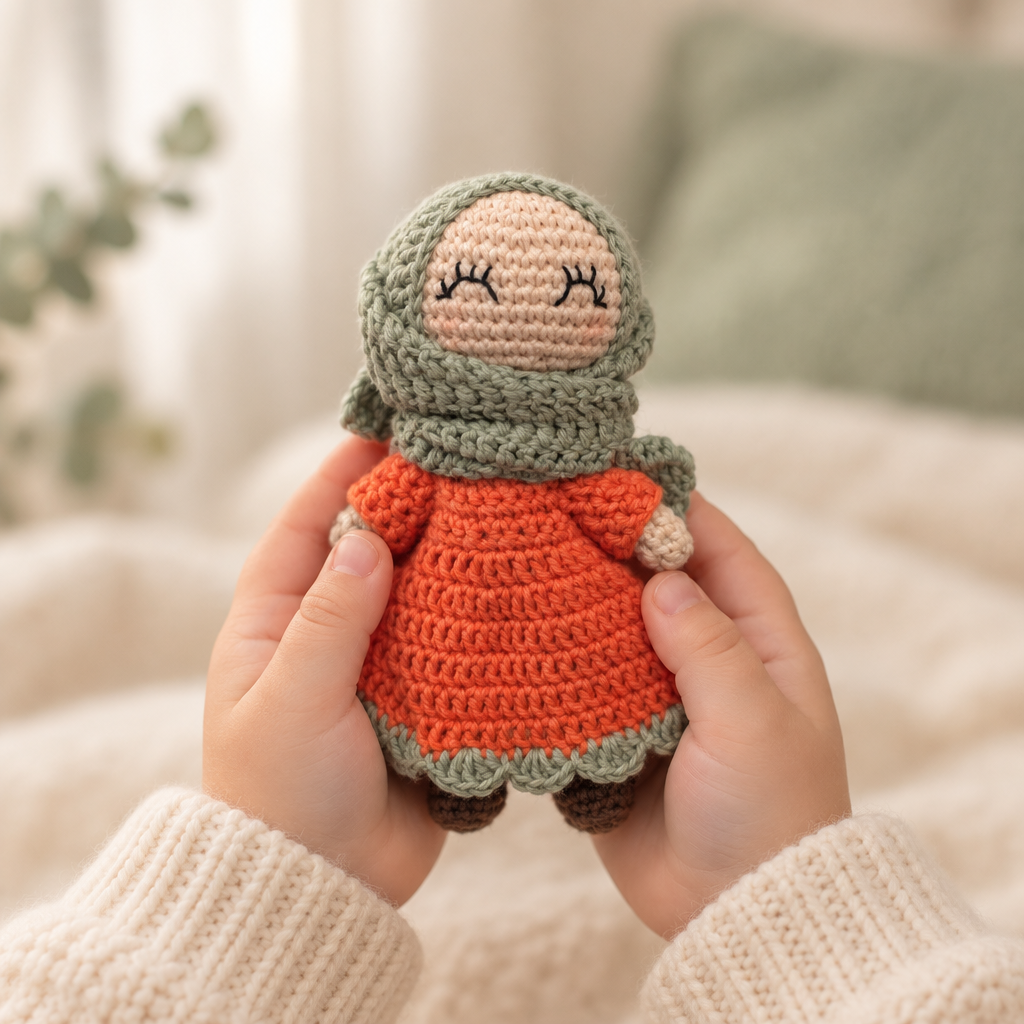 Petite Sara vert sauge et corail tenue dans les mains d'un enfant