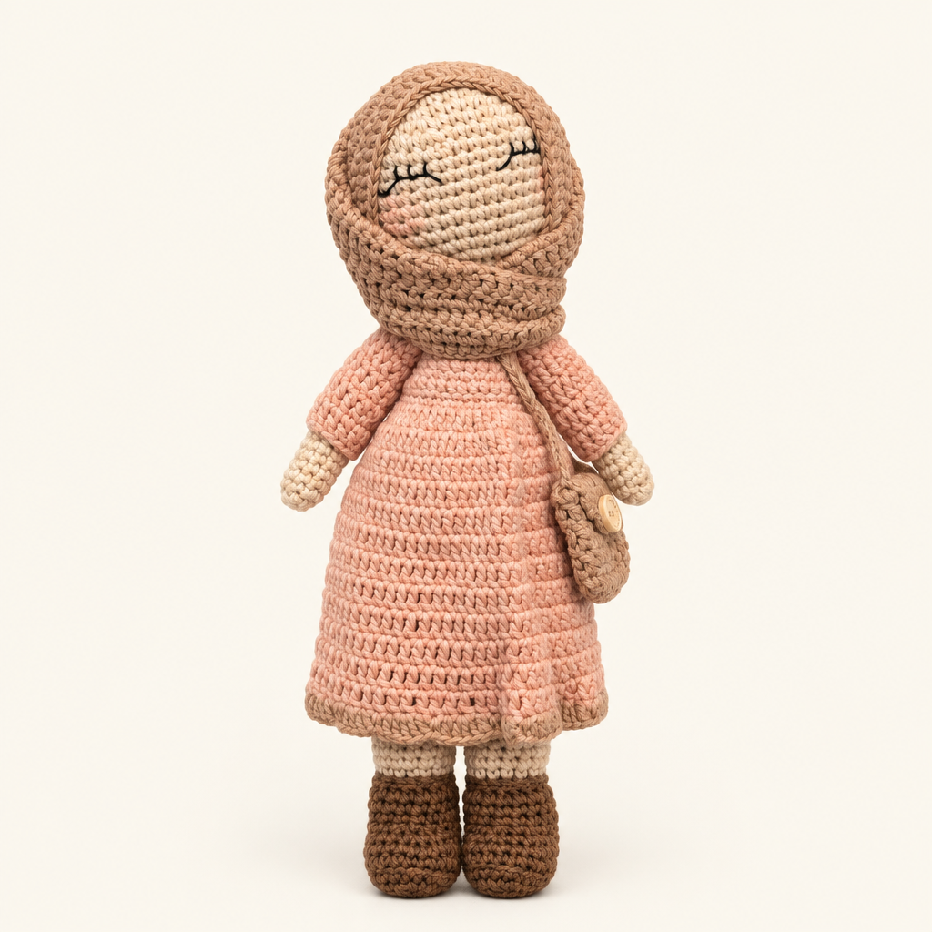 Amina lavande, poupée au crochet 25 cm, vue de face sur fond crème