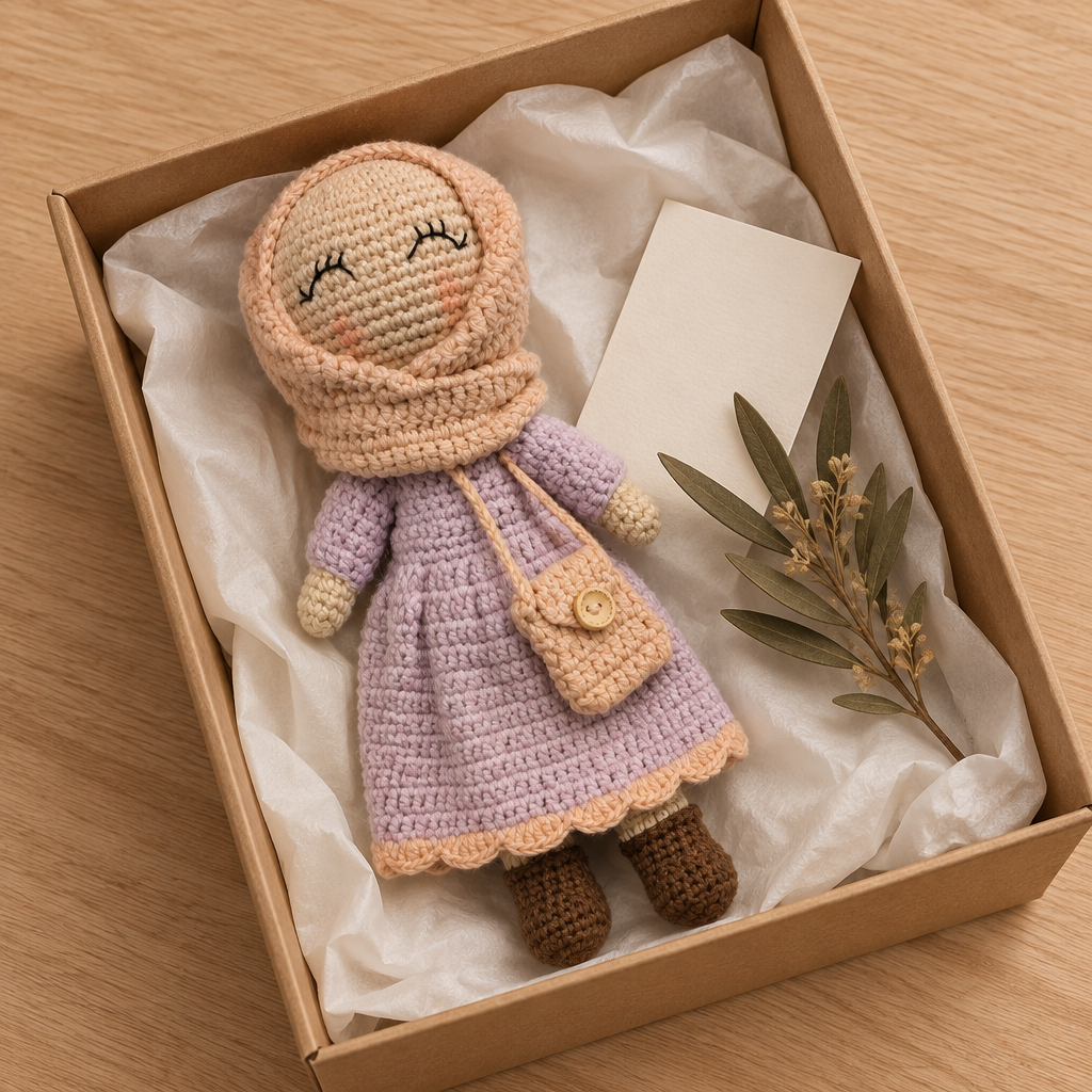 Amina pêche dans une boîte cadeau kraft avec papier de soie