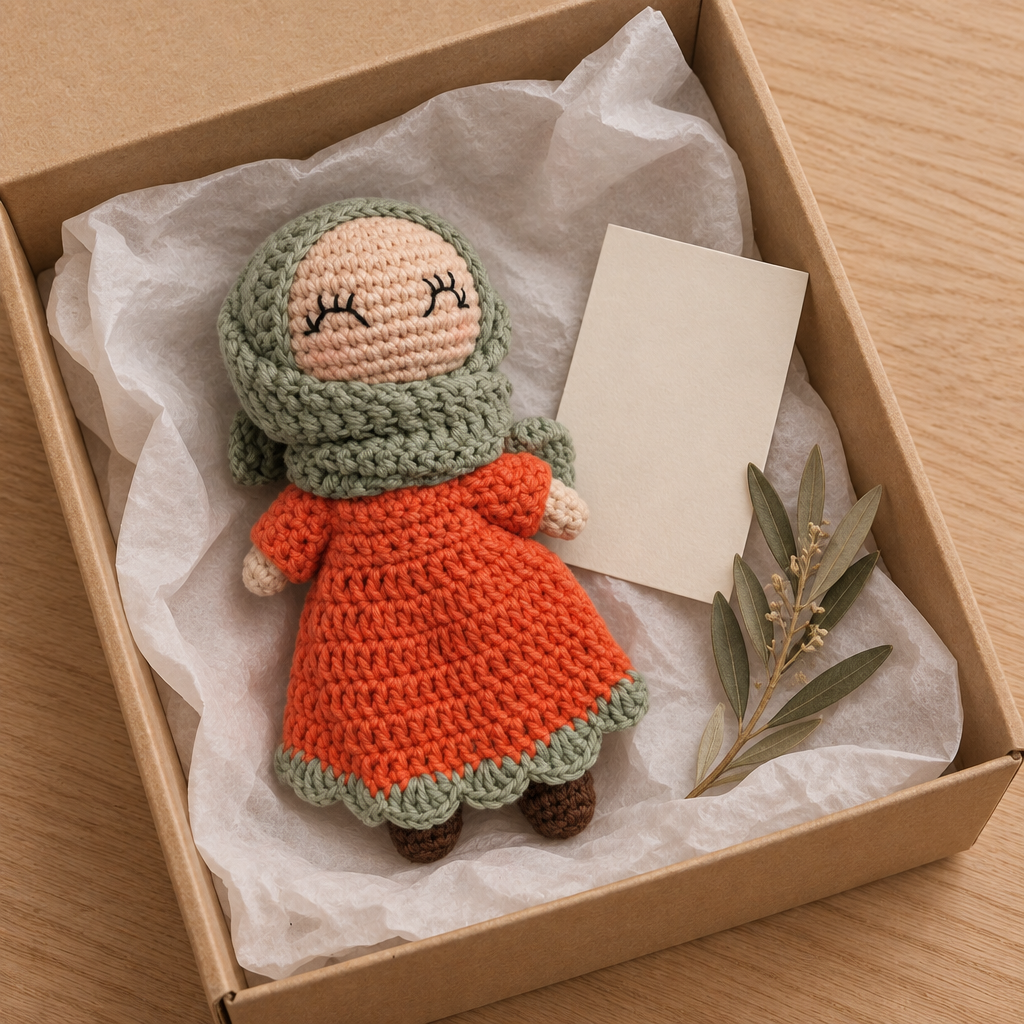 Petite Sara vert sauge et corail dans une boîte cadeau kraft