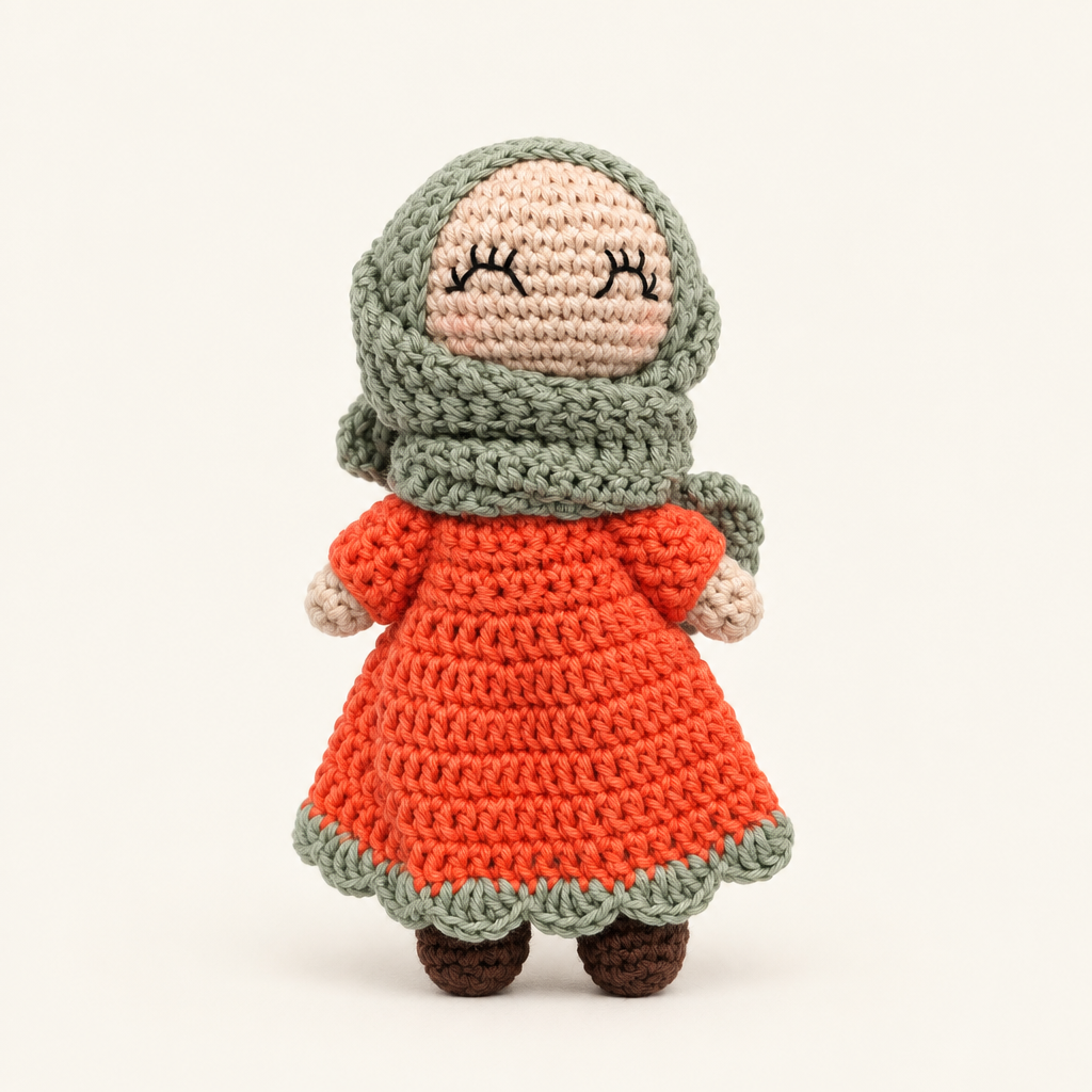 Petite Sara vert sauge et corail, poupée au crochet 15 cm, vue de face sur fond crème